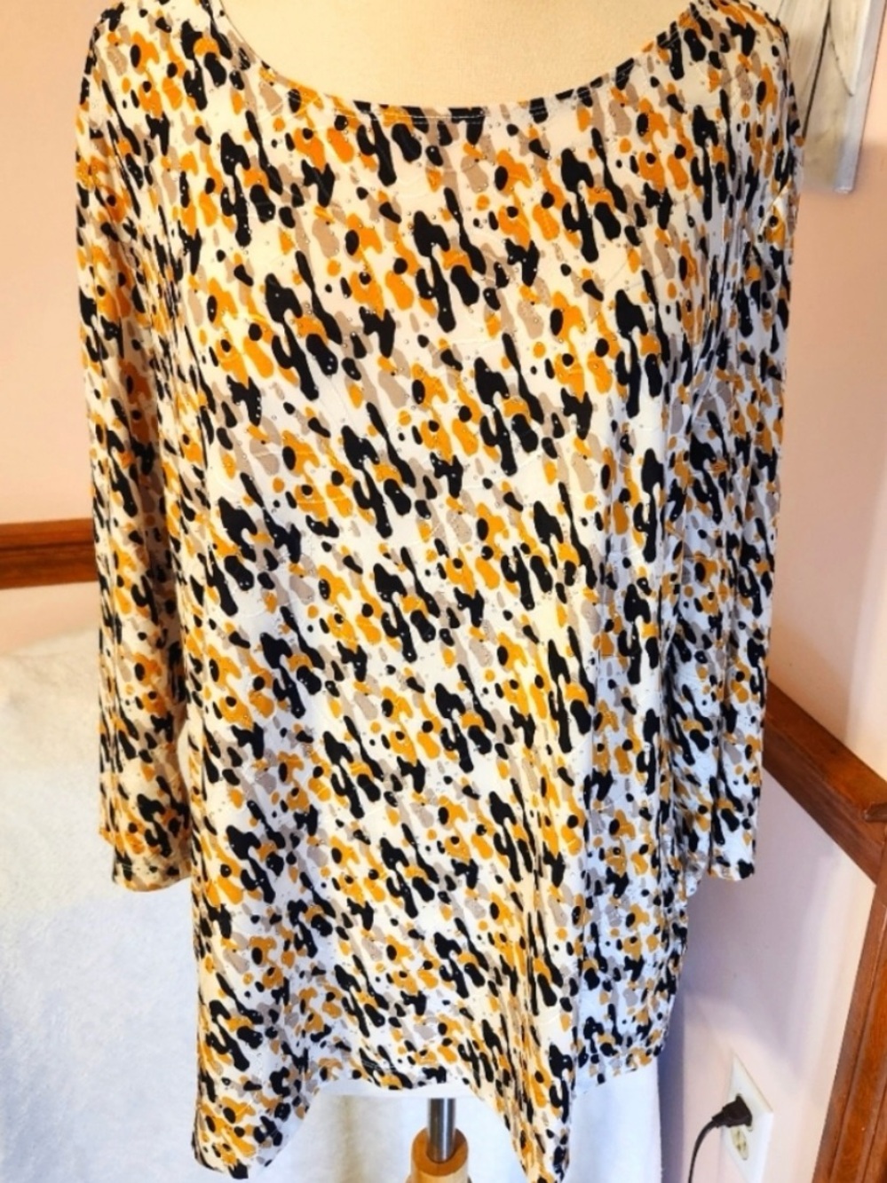 JM Collection White, Mustard & Black Abstract Print Long Sleeve Top